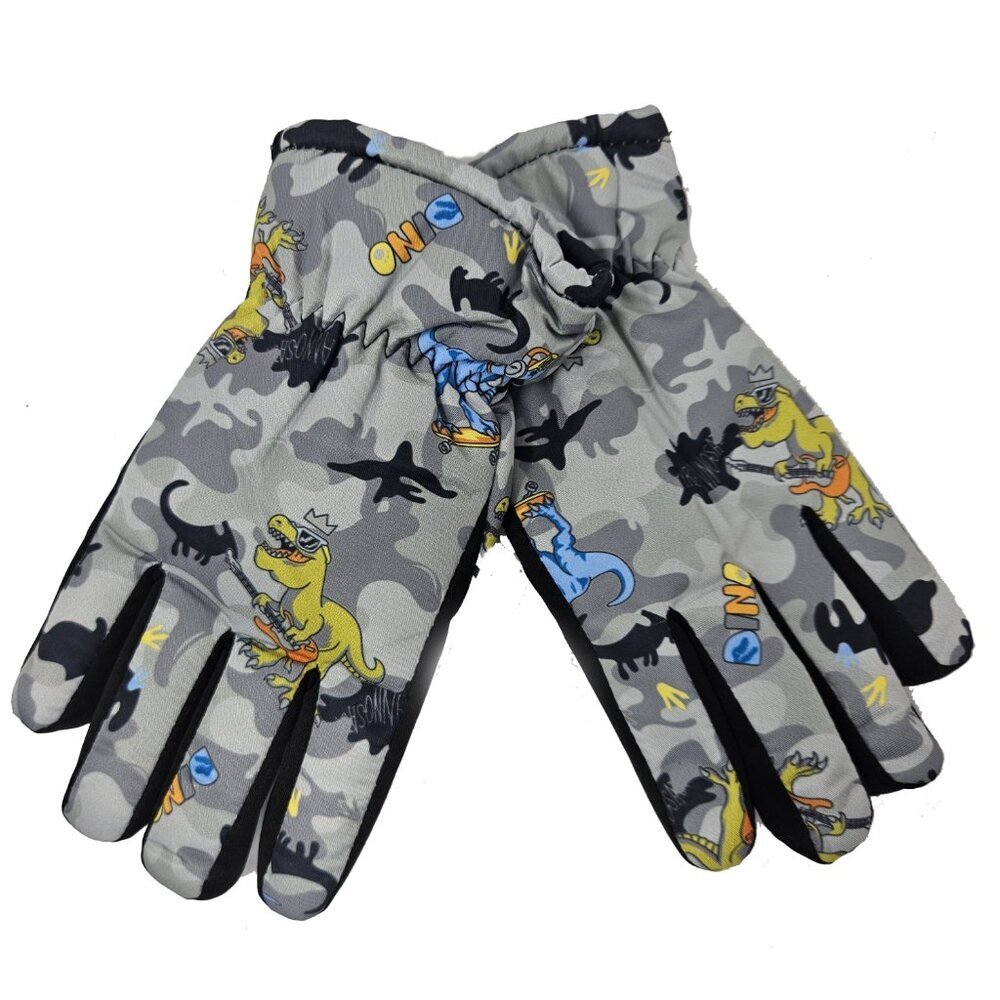 Kids Fur Lined Winter Ski Gloves, Gray Dinosaurs